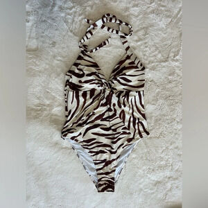 Women’s NWT Brown and Cream Animal Print One Piece Halter Swimsuit size M
